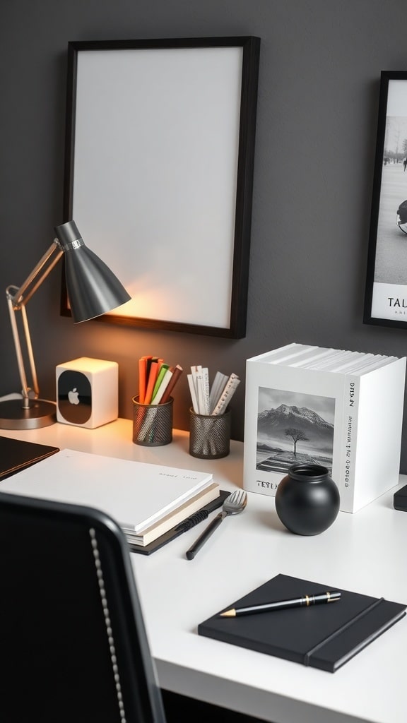 A stylish black and white desk setup featuring a lamp, plant, and organized desk accessories.