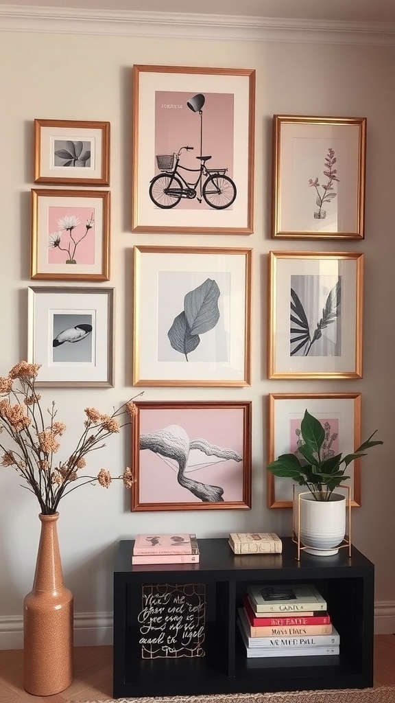 A gallery wall featuring blush pink artwork with gold frames, a black shelf with books and a plant, and a vase with dried flowers.