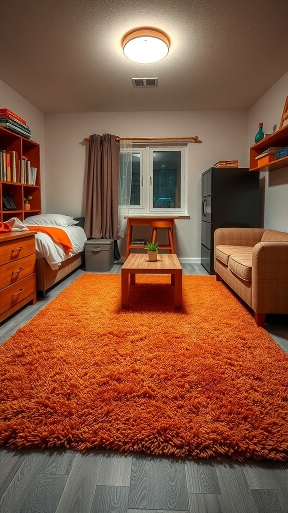 A cozy dorm room featuring a rust orange area rug, wooden furniture, and a warm atmosphere.