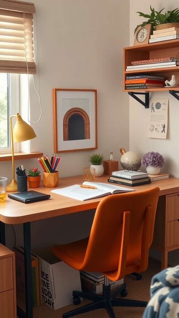A cozy desk setup featuring burnt sienna accessories, including an orange chair, colorful pens, and small plants.