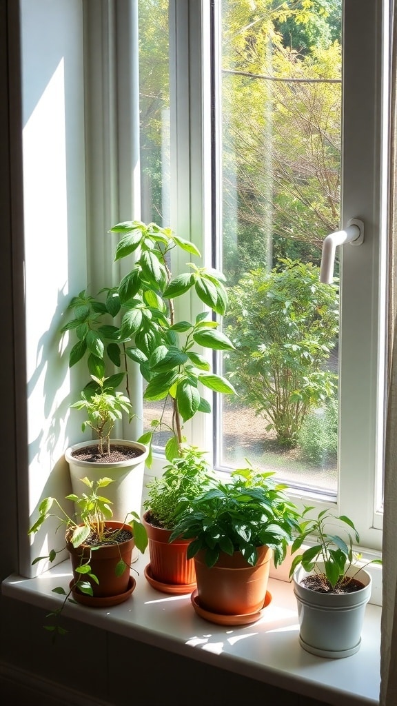 A sunny windowsill with various potted herbs, including basil and mint.