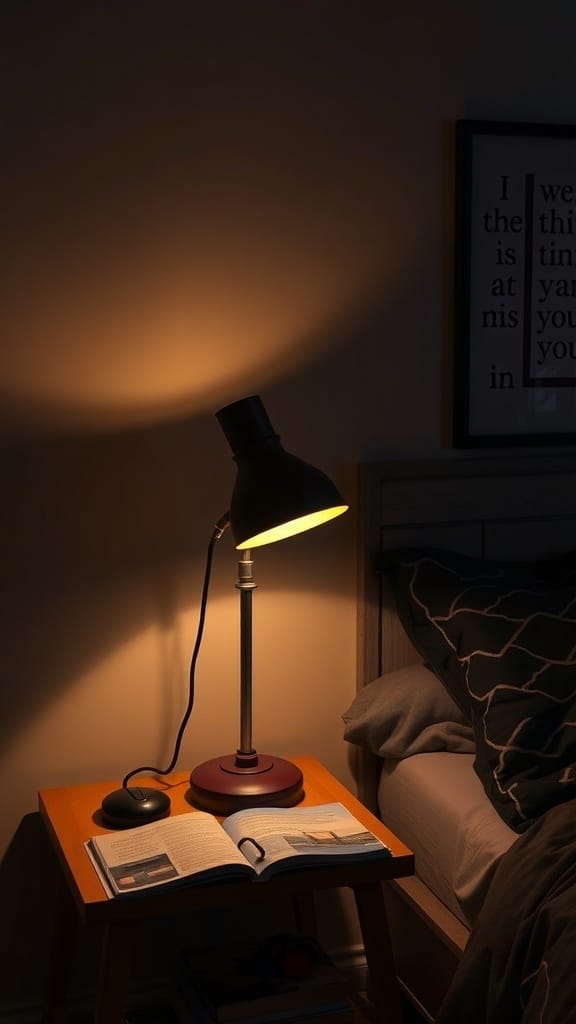 A burgundy lamp on a bedside table next to an open book