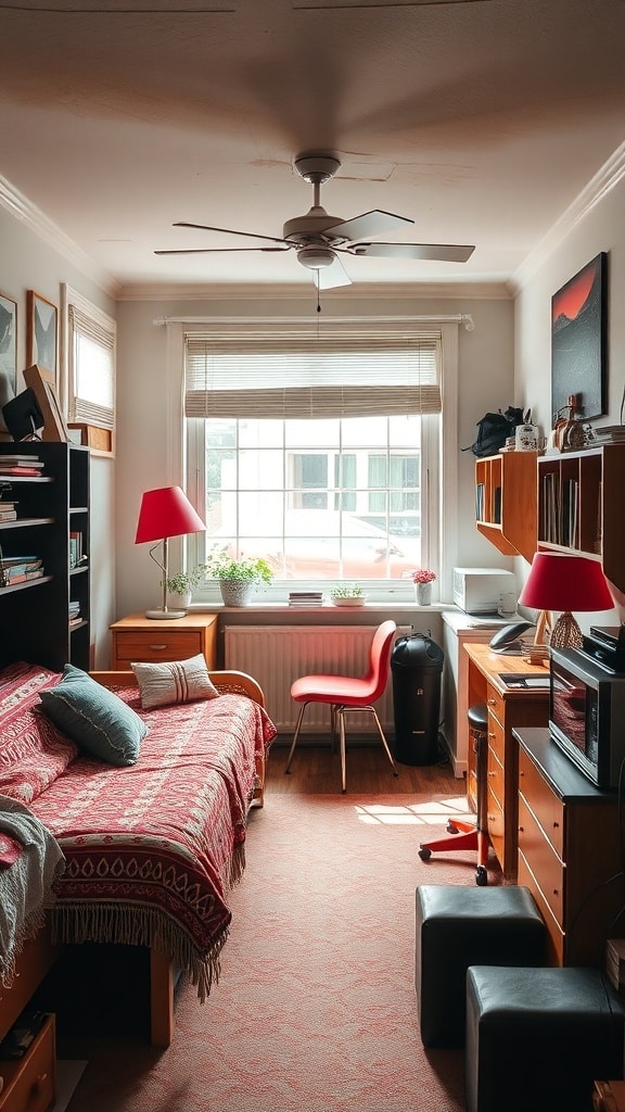 A cozy dorm room featuring bold red textiles, a comfortable bed, and a mix of wooden furniture.