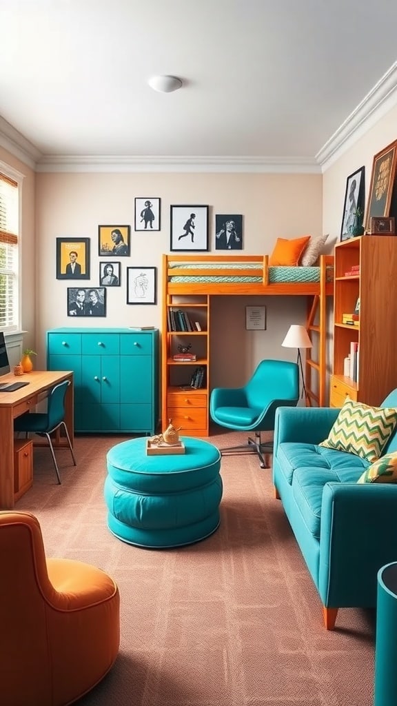 A vibrant dorm room featuring teal and orange furniture, including a teal sofa, orange accent chair, and a bunk bed.