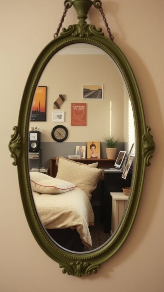 A vintage olive green mirror reflecting a cozy dorm room with a bed and decor.