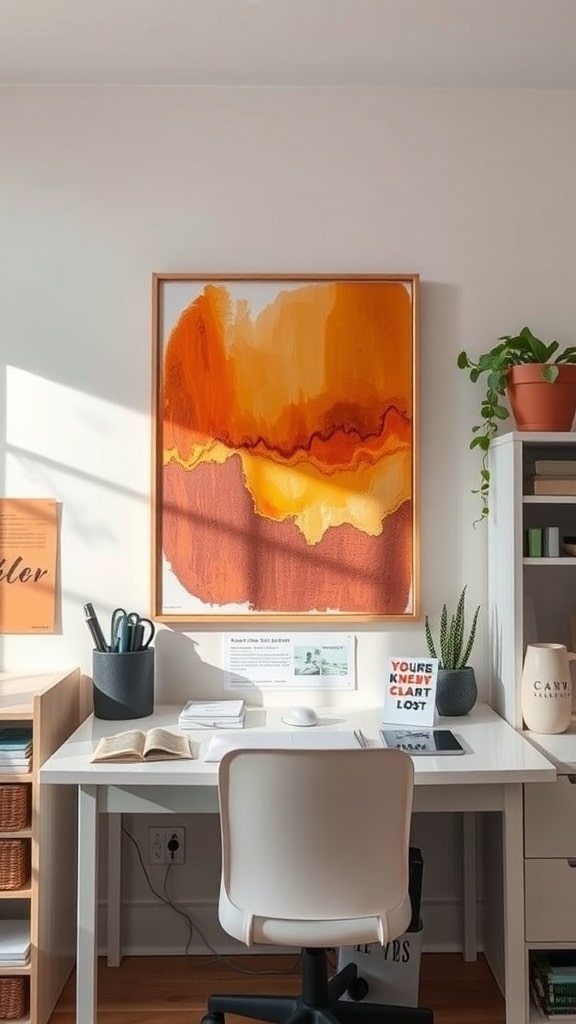 A vibrant ochre-inspired artwork hanging on a wall above a desk in a dorm room, featuring warm tones of orange and yellow.
