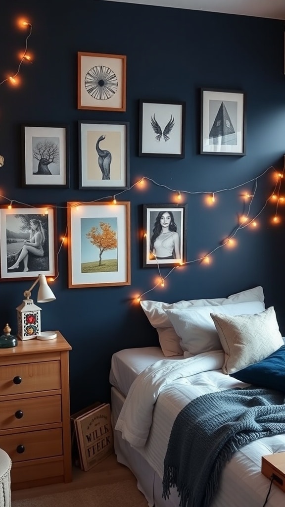A dorm room featuring a navy blue accent wall adorned with framed artwork and string lights.