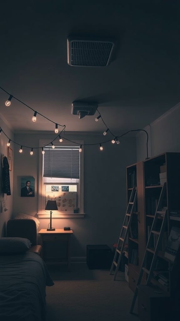 A cozy dorm room with layered lighting, featuring string lights and a bedside lamp.