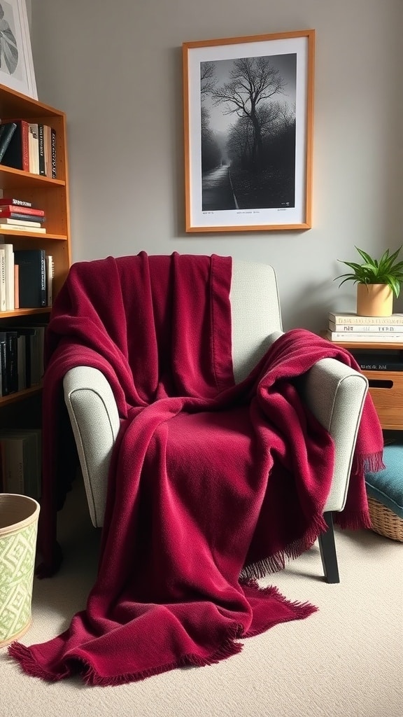 A burgundy throw blanket draped over a chair in a cozy dorm room setting.