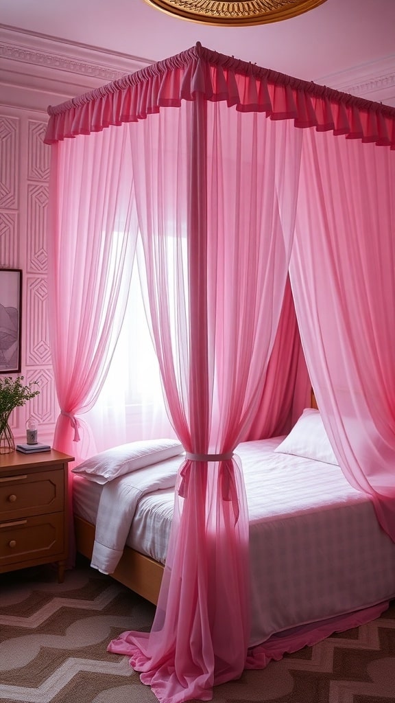 A pink canopy bed with flowing drapes in a stylish dorm room