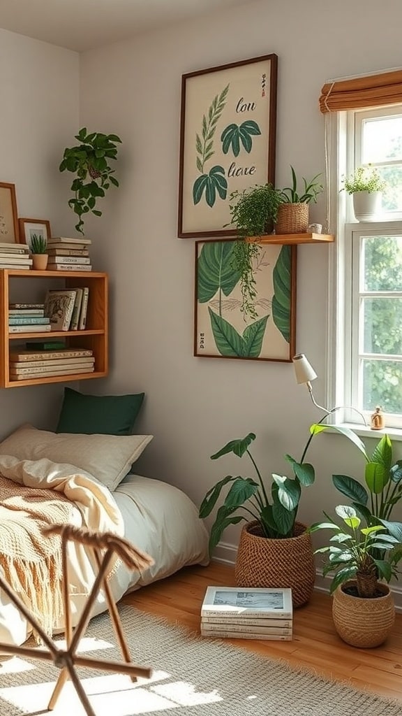 A cozy Japandi-style dorm room featuring wooden shelves, plants, and soft textiles.