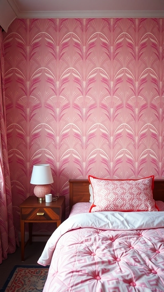 A dorm room featuring geometric patterned pink wallpaper with a cozy bed and bedside table.