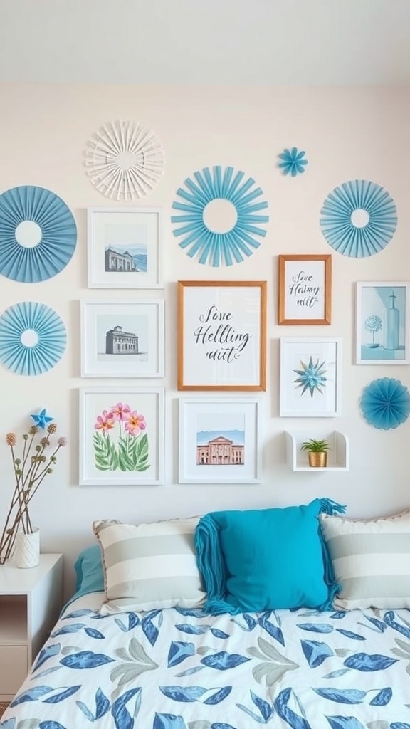 A dorm room featuring light blue decorative accents and art, with framed pictures and paper fans on the wall.