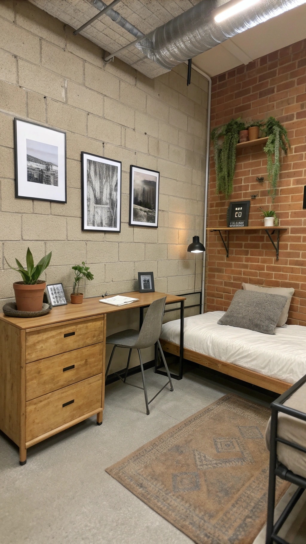 A cozy industrial-style dorm room featuring a neutral color palette with wooden furniture, a woven rug, and plants.