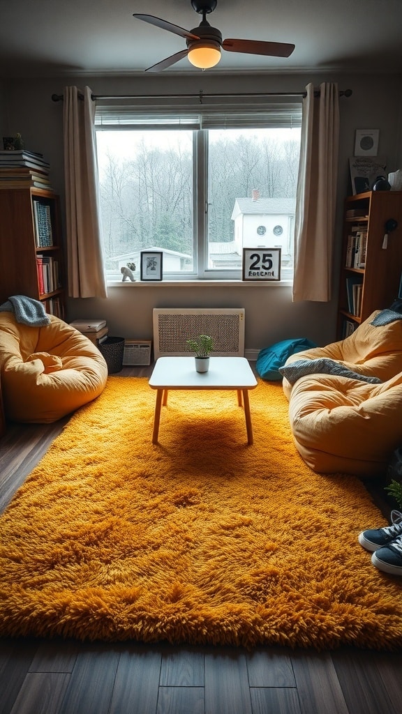 A cozy dorm room featuring a plush mustard yellow rug, bean bag chairs, and a small coffee table.