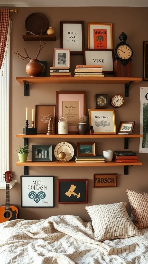 Wall-mounted shelves displaying vintage items and decor in a cozy dorm room setting.