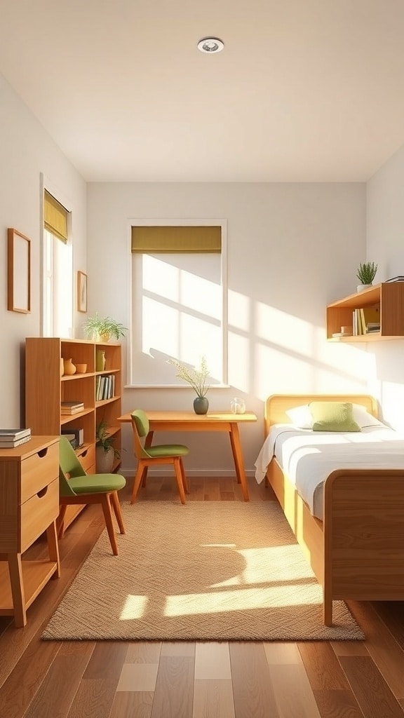 A cozy dorm room featuring natural wood furniture, including a bed, desk, and shelves, with olive green accents.
