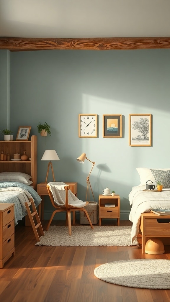 A cozy dorm room with light wooden furniture, dusty blue walls, and decorative accents.