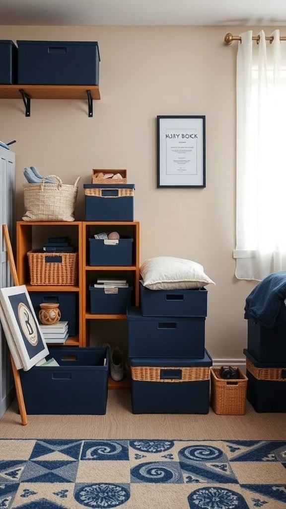 Stylish indigo storage solutions in a dorm room