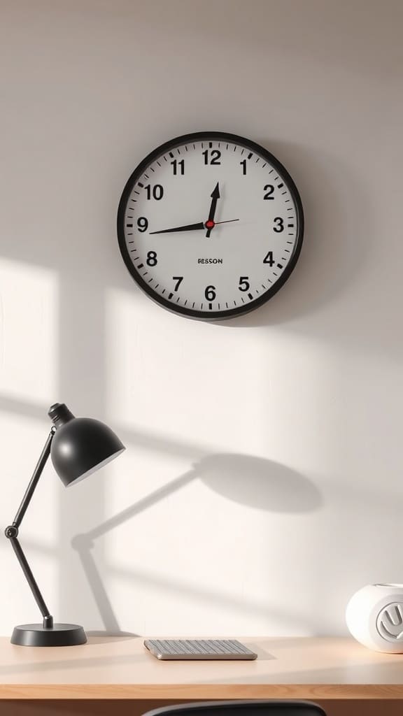 A minimalist black clock on a white wall above a desk with a black lamp and keyboard.