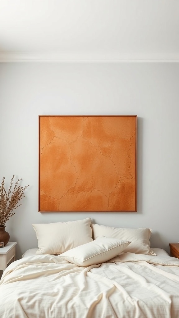 Textured terracotta wall art above a bed in a dorm room