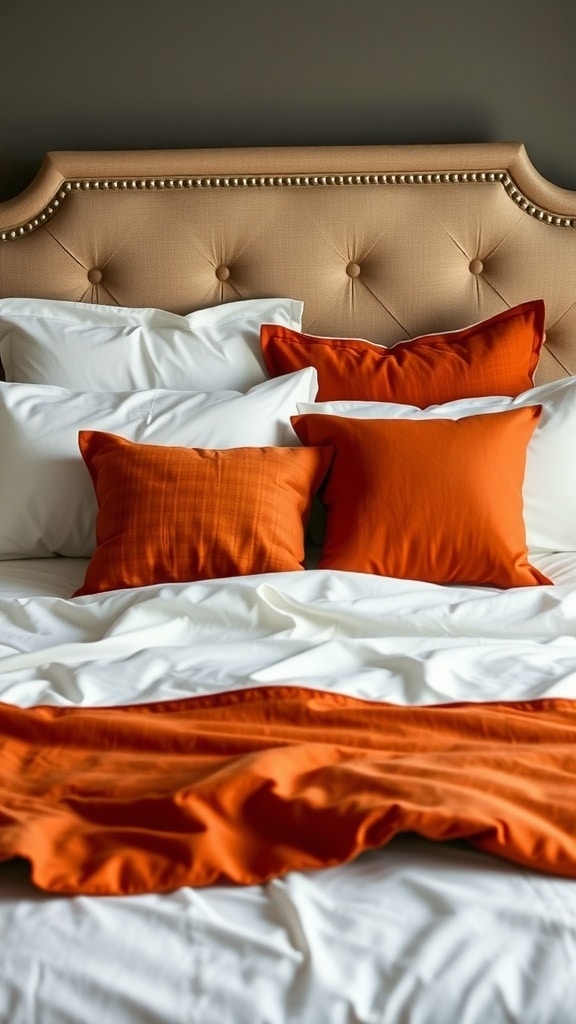 A cozy bed with rust orange and white bedding, featuring a plush headboard and multiple pillows.