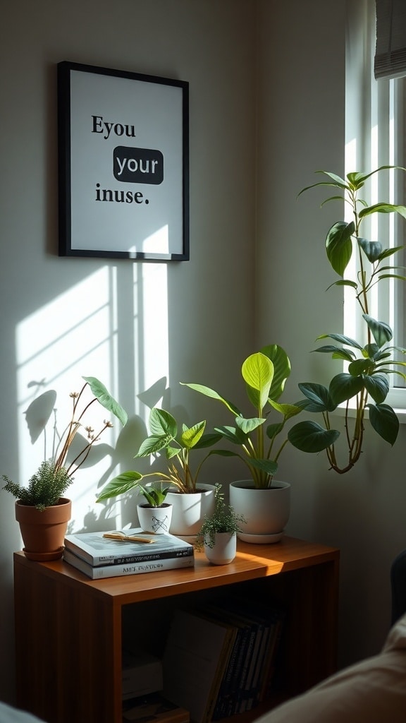 Indoor plant corner with various plants and a wooden table, illuminated by sunlight.