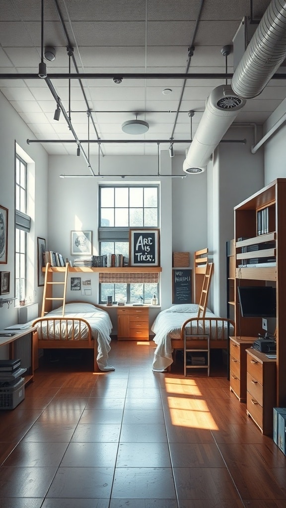 A spacious dorm room featuring an open floor plan with two beds, wooden furniture, and large windows.