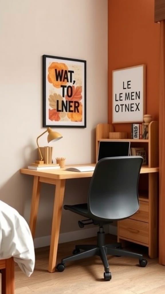 A cozy study nook featuring a wooden desk, black chair, and burnt sienna wall.