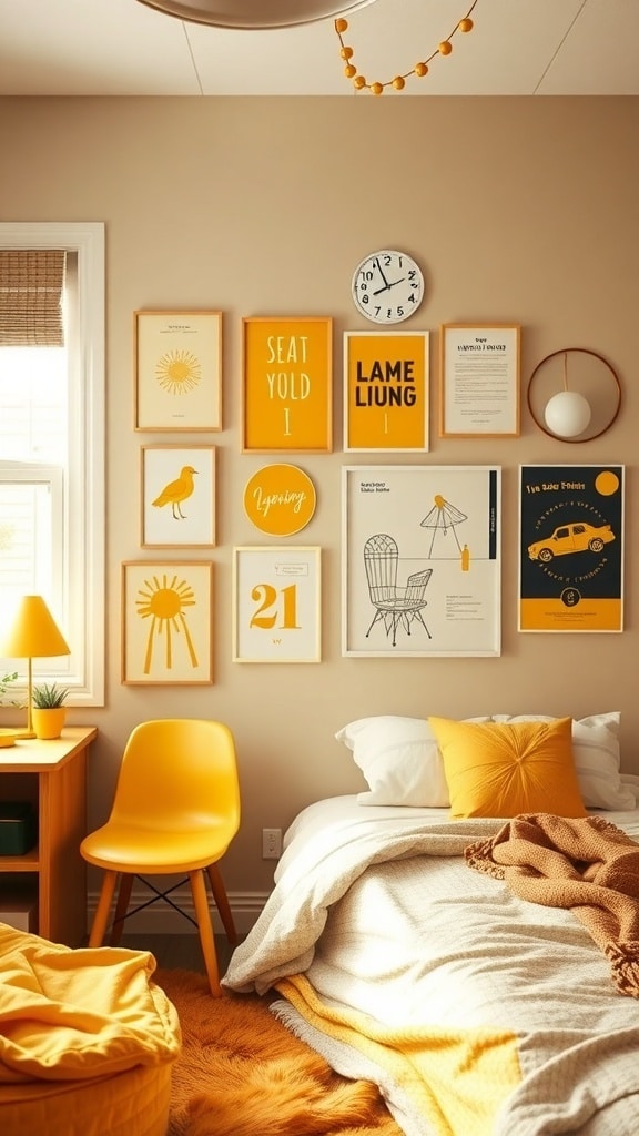 A cozy dorm room featuring a gallery wall with mustard yellow art, including framed prints and a clock.