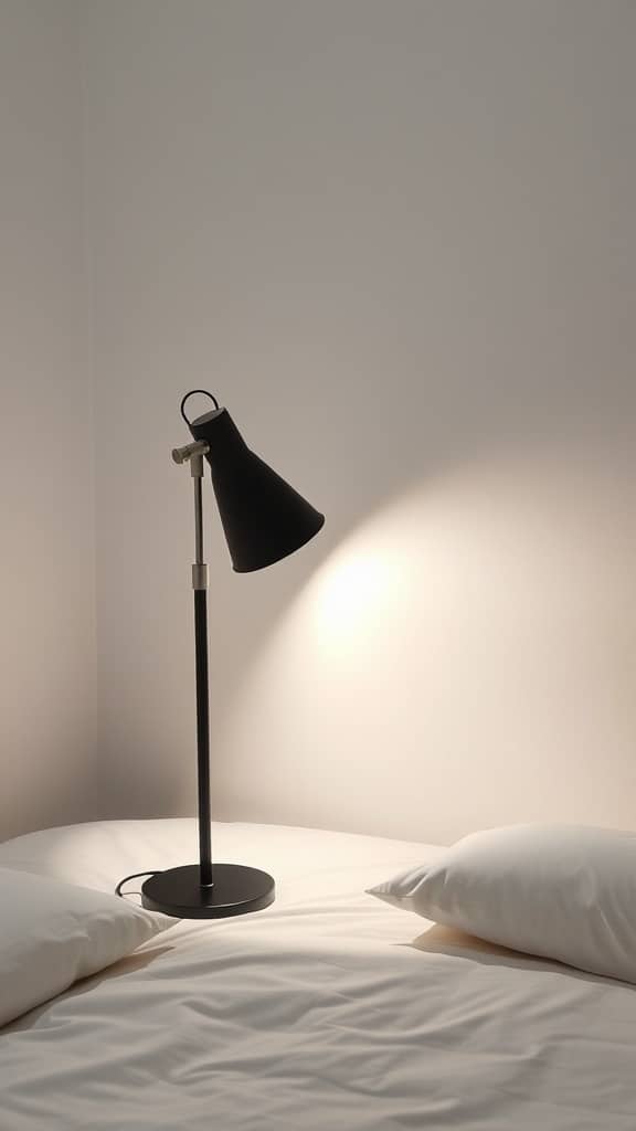 A black lamp on a bedside table illuminating white bedding in a minimalist dorm room