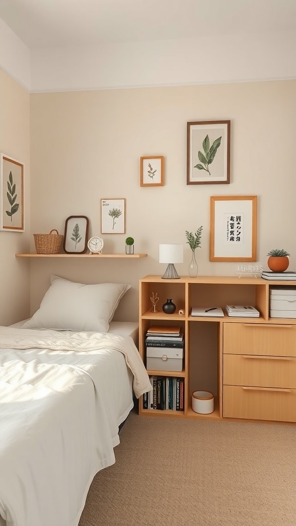 A cozy dorm room featuring creamy color accents, natural wood furniture, and botanical prints on the walls.