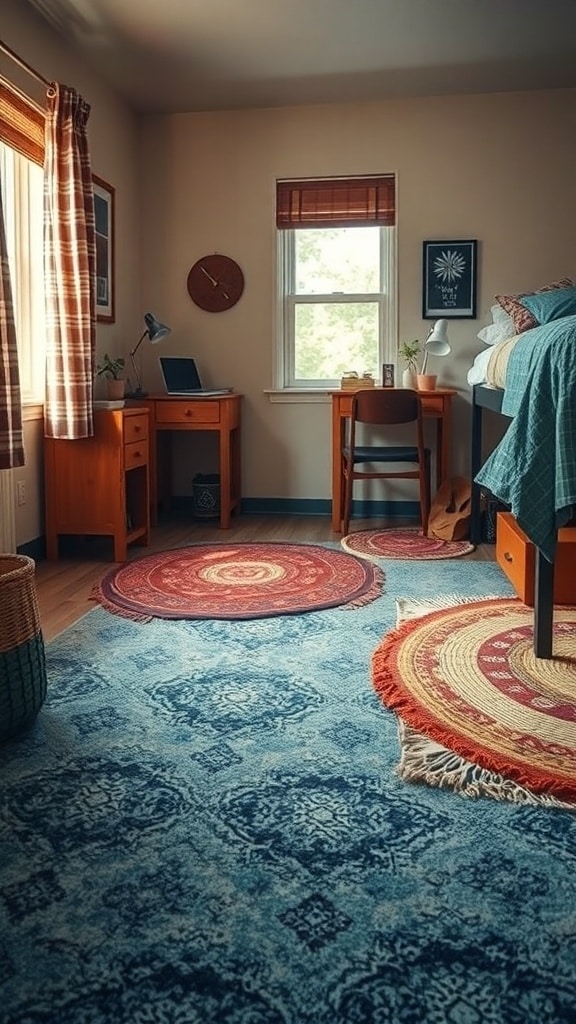 A cozy dorm room with layered rugs, featuring a large blue rug and smaller round rugs in warm colors.