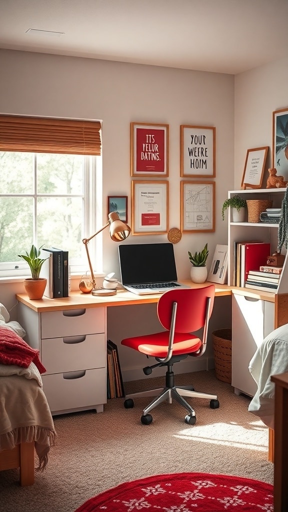 A cozy study nook featuring a red chair, a wooden desk with a laptop, and wall art in a bright room