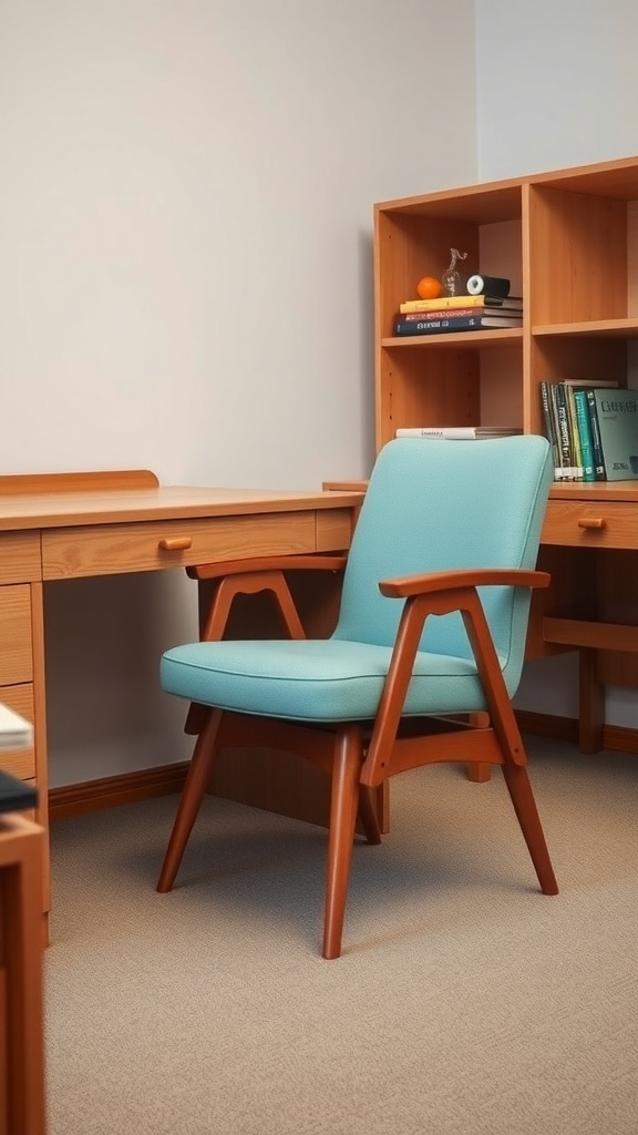 A vintage light blue upholstered chair next to a wooden desk and bookshelf in a dorm room setting.