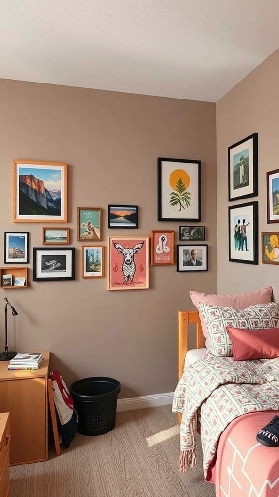 A cozy dorm room with taupe walls and a colorful gallery wall featuring various framed artworks.