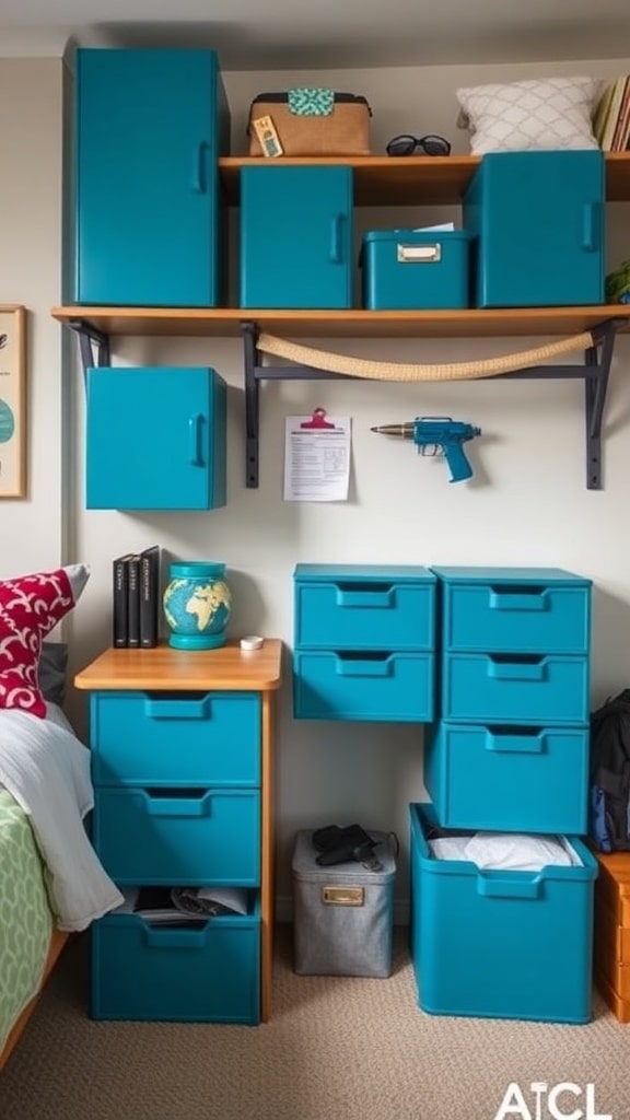 Stylish peacock blue storage solutions in a dorm room, featuring cabinets and drawers.