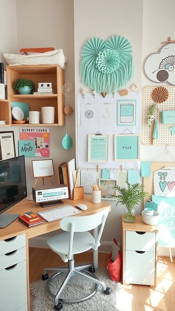 A mint-themed dorm room workspace with wall art, desk accessories, and plants.