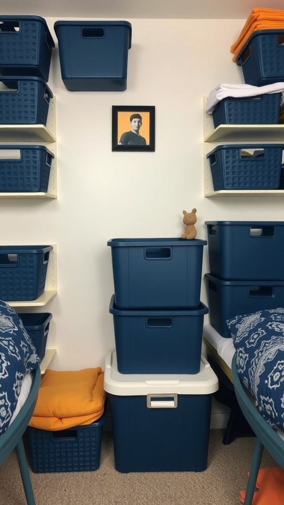 Navy blue storage bins arranged on shelves in a dorm room, with a framed picture and a soft orange blanket.