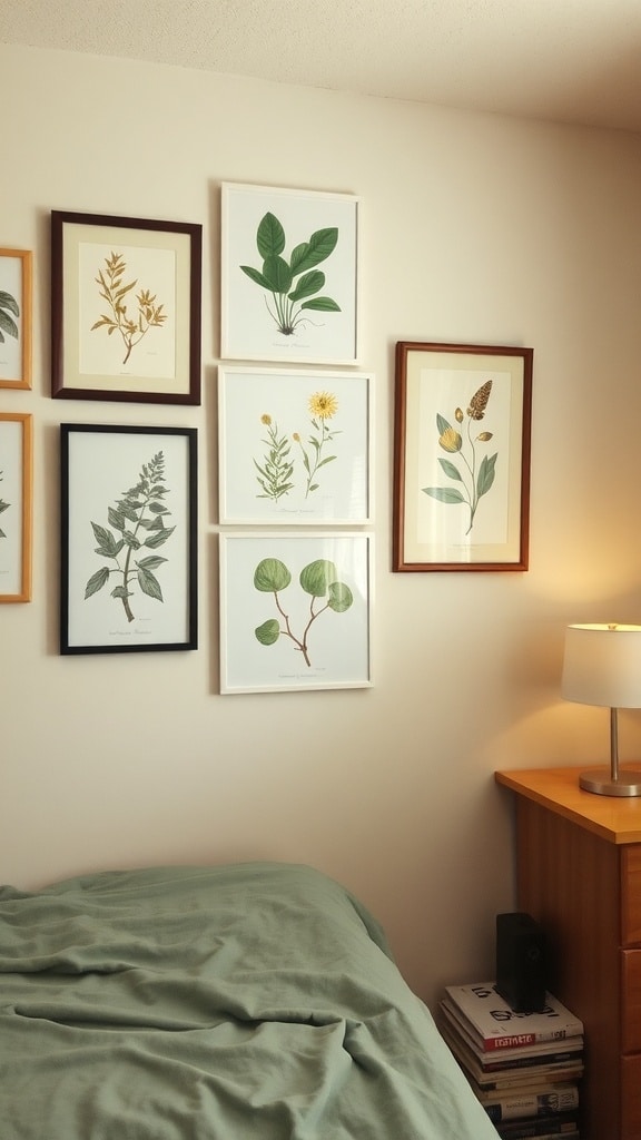 A wall with various botanical prints framed in different styles, next to a bed and a lamp.