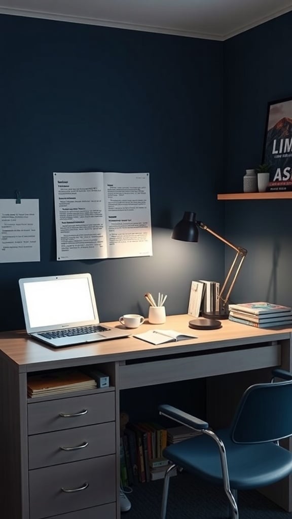 Stylish desk setup in a navy blue dorm room with a laptop, lamp, and organized notes.