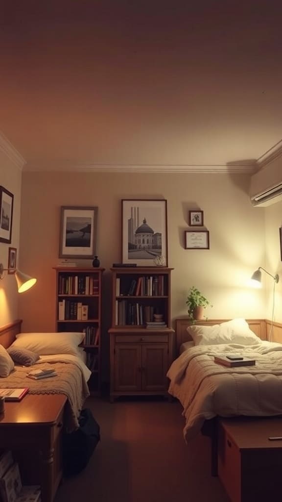 A cozy dorm room with warm lighting fixtures, featuring two beds, a bookshelf, and framed pictures on the wall.
