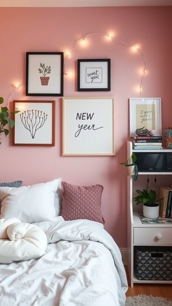 A cozy dorm room with a blush pink accent wall, framed artwork, and string lights.