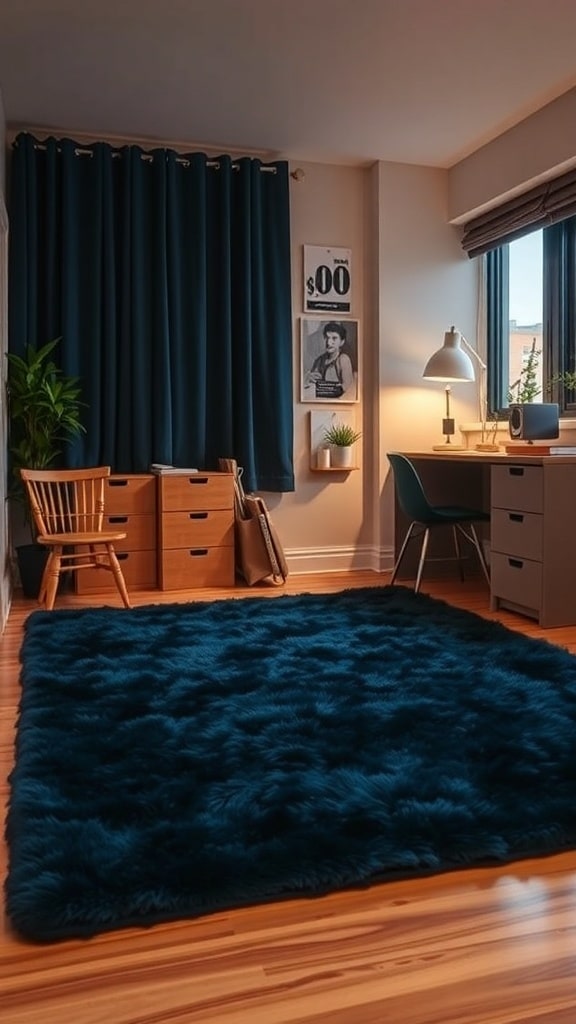 A cozy dorm room featuring a plush navy blue rug, wooden floor, and navy curtains.