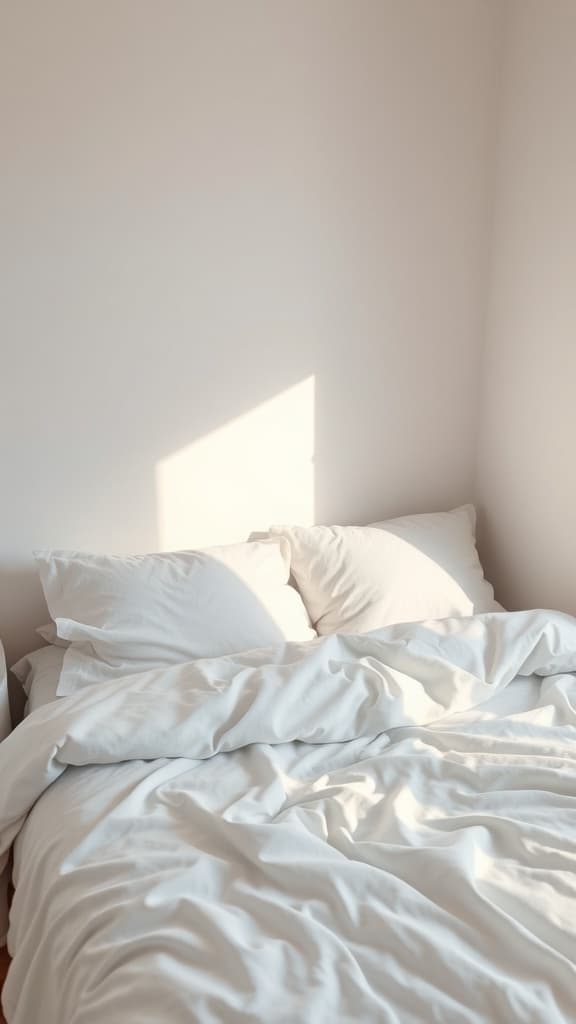 A cozy bed with white bedding and soft pillows, illuminated by natural light.