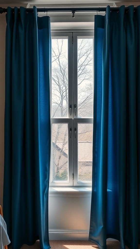 Navy blue curtains framing a window in a dorm room