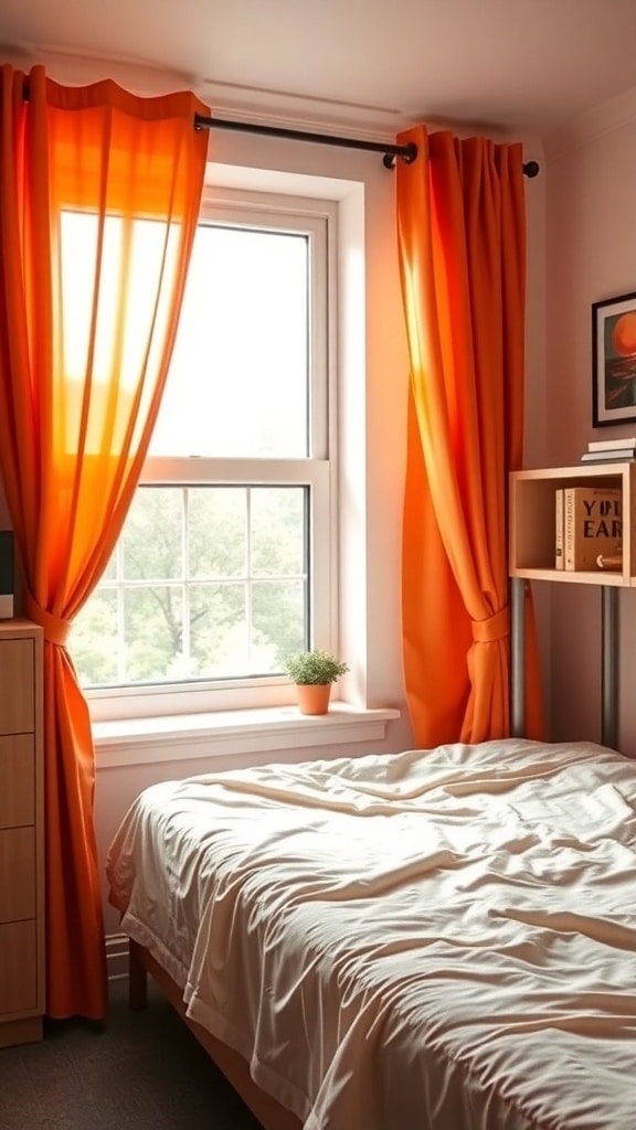 A dorm room with bright orange curtains framing a window, a bed with white bedding, and a small plant on the windowsill.