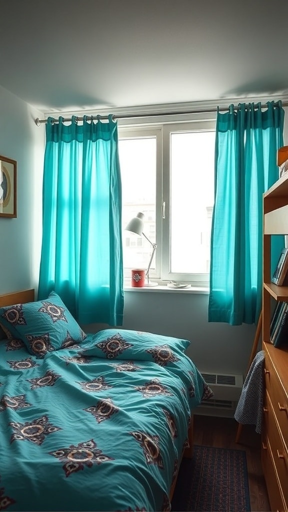 A teal-themed dorm room with patterned bedding and sheer teal curtains.