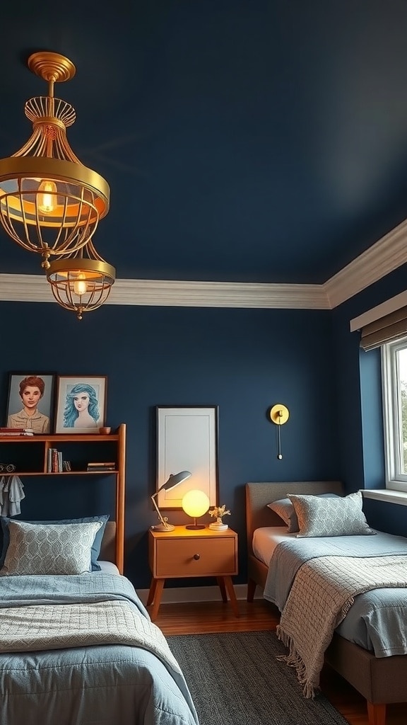 A stylish dorm room featuring navy blue walls and gold lighting fixtures.