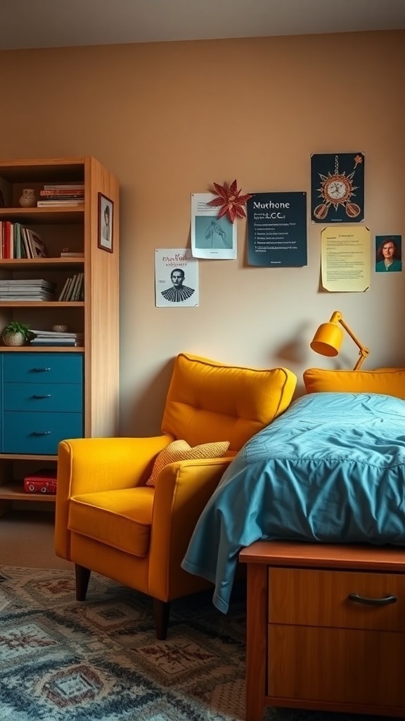 A cozy dorm room featuring mustard yellow accent furniture, including a chair and a lamp, complemented by a blue bedspread and wooden storage.